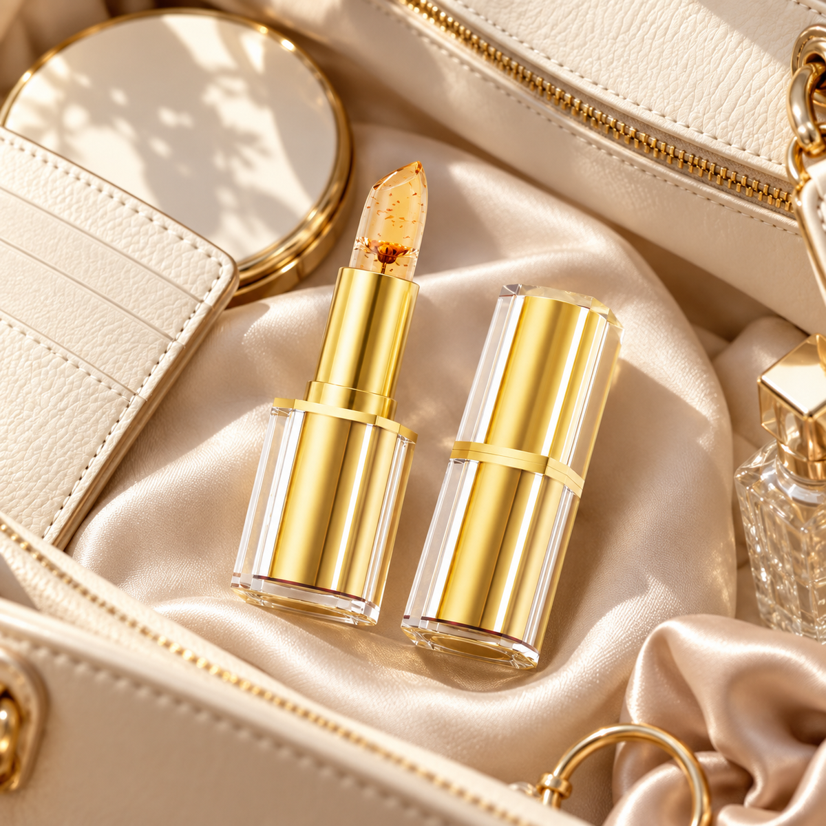 HerNova lip balm styled inside an elegant handbag