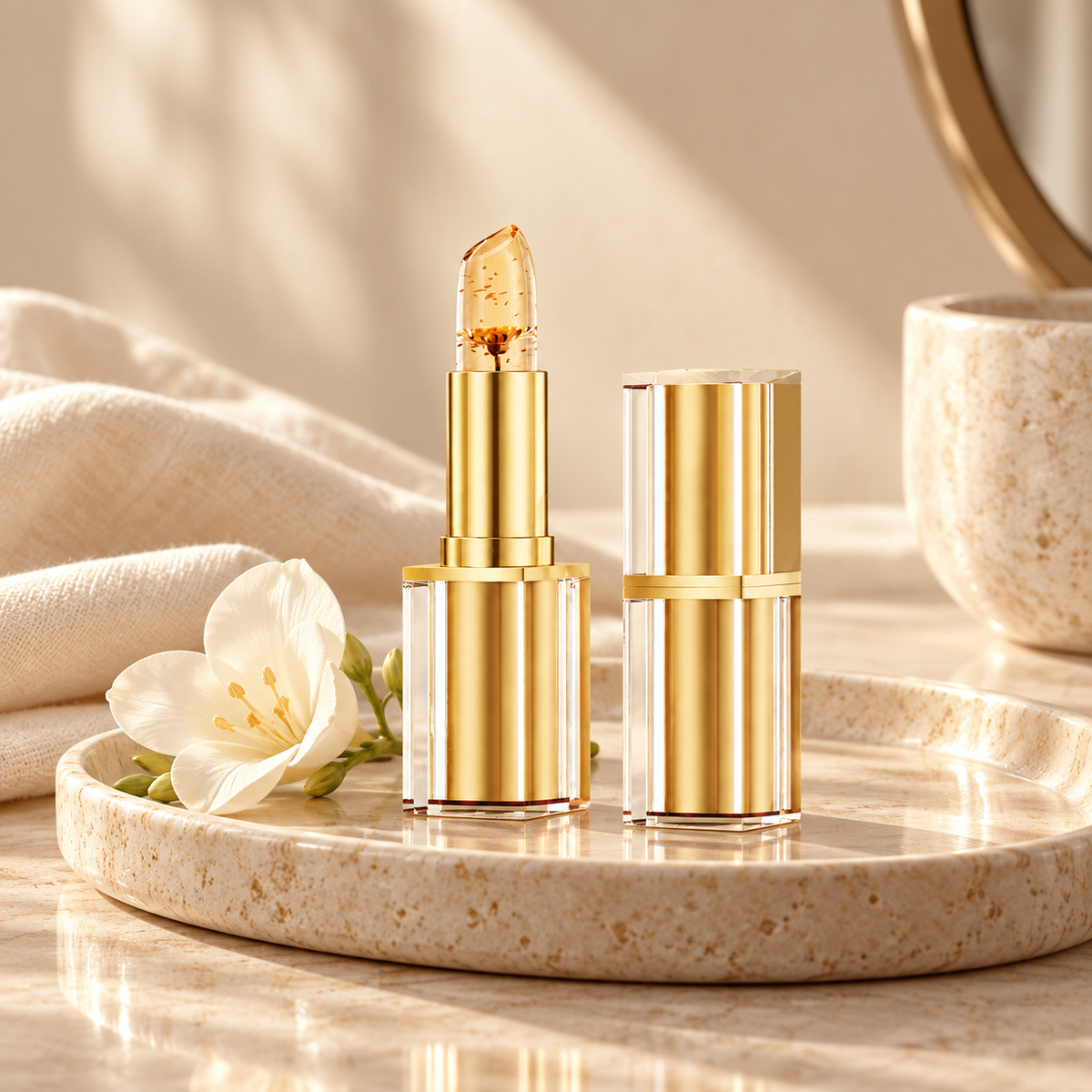 HerNova transparent colour-changing lip balm on a warm stone tray