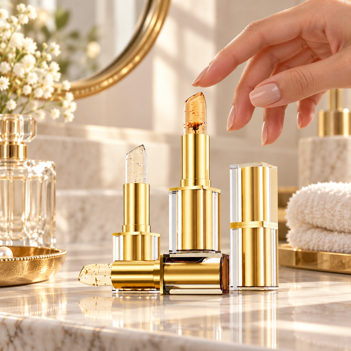 HerNova lip balm in a refined morning beauty ritual